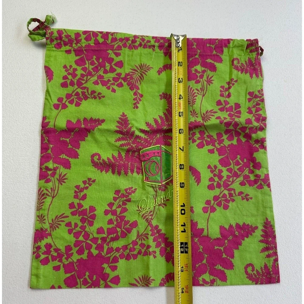Once Upon A Rose Pink Green Print Drawstring‎ Laundry Bag 12x14 Embroidered